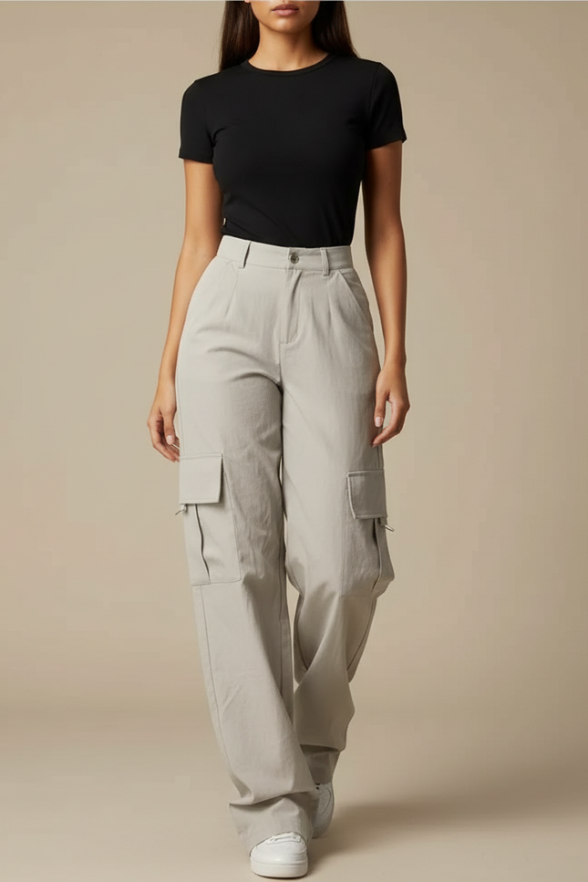 Pantalon Parachute Gris Ample Cargo Taille Haute - Polyester