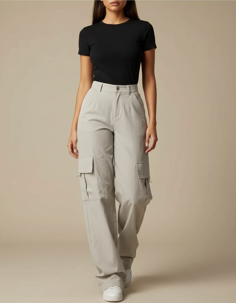 Pantalon Parachute Gris Ample Cargo Taille Haute - Polyester