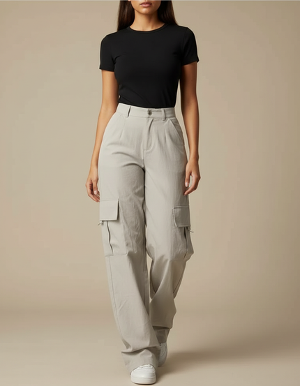 Pantalon Parachute Gris Ample Cargo Taille Haute - Polyester