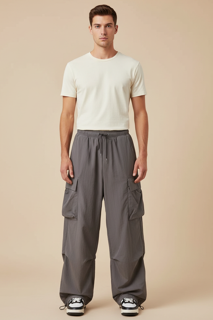 Pantalon Parachute Gris Ample Cargo Cordon Sport Homme - Polyester