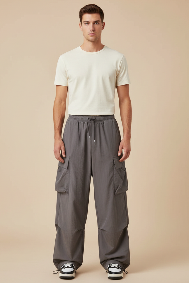 Pantalon Parachute Gris Ample Cargo Cordon Sport Homme - Polyester