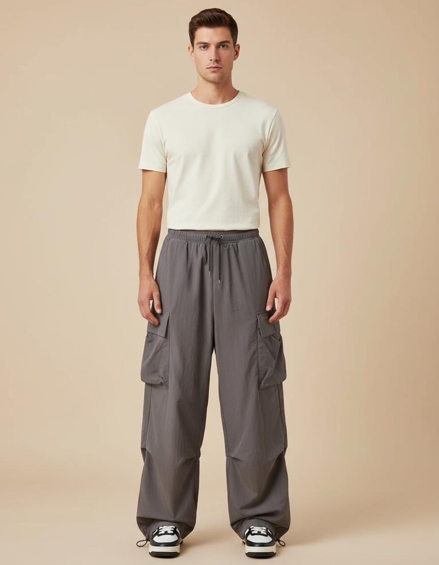 Pantalon Parachute Gris Ample Cargo Cordon Sport Homme - Polyester