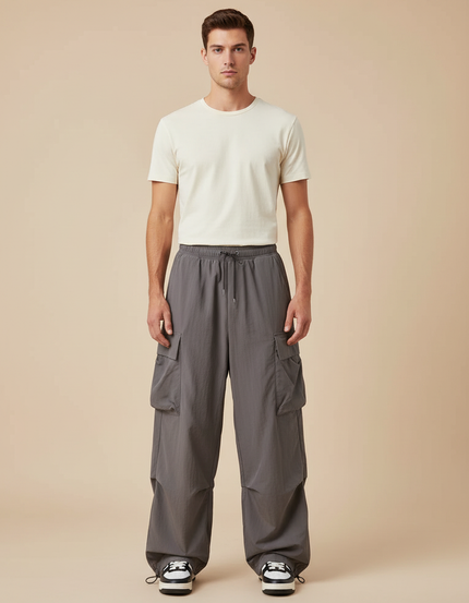 Pantalon Parachute Gris Ample Cargo Cordon Sport Homme - Polyester