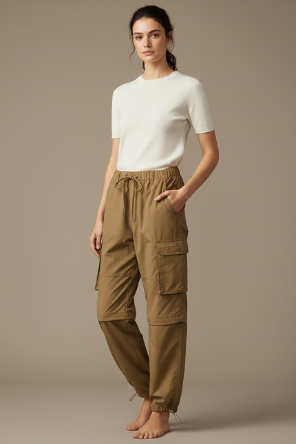 Pantalon Parachute Kaki Ample Convertible Cargo Femme - Polyester