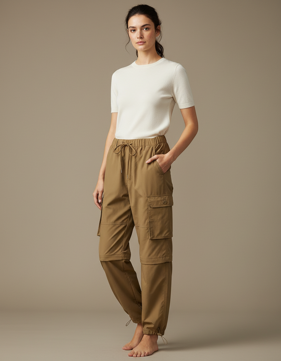 Pantalon Parachute Kaki Ample Convertible Cargo Femme - Polyester