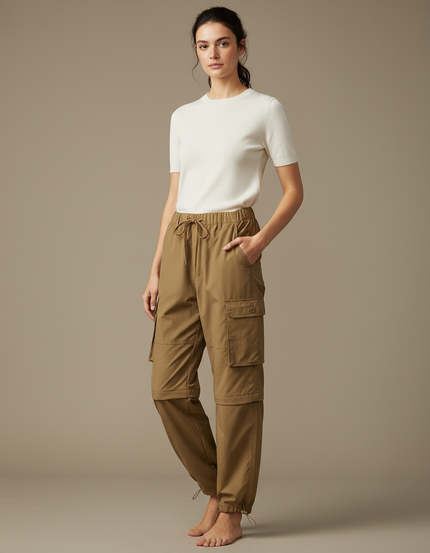 Pantalon Parachute Kaki Ample Convertible Cargo Femme - Polyester