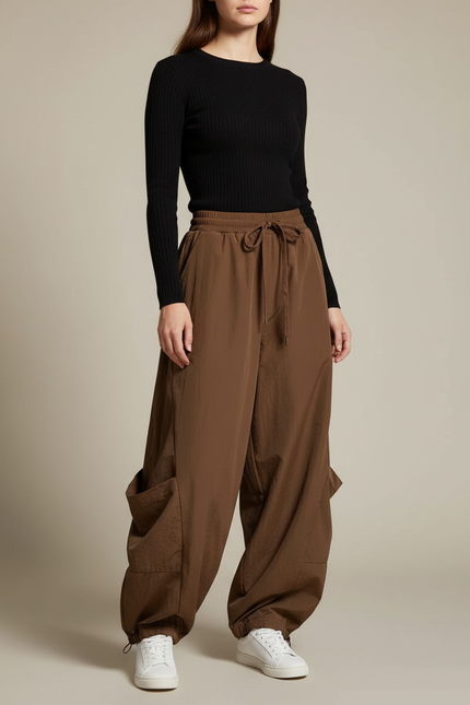 Pantalon Parachute Marron Ample Fluide Cargo Femme - Polyester