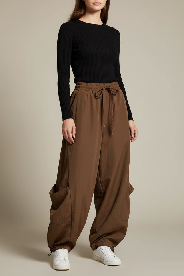Pantalon Parachute Marron Ample Fluide Cargo Femme - Polyester