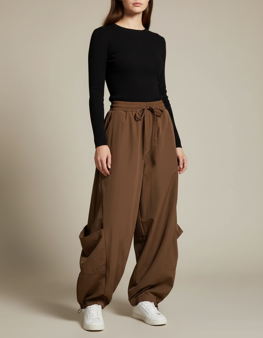 Pantalon Parachute Marron Ample Fluide Cargo Femme - Polyester