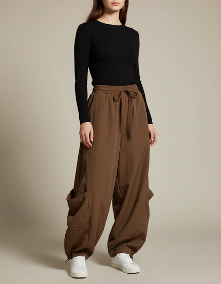 Pantalon Parachute Marron Ample Fluide Cargo Femme - Polyester