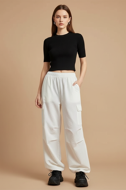 Pantalon Parachute Blanc Ample Cargo Décontracté Sportif - Molleton