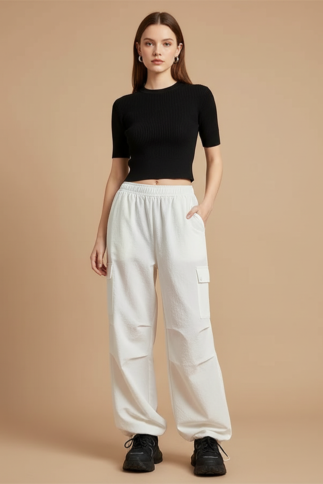 Pantalon Parachute Blanc Ample Cargo Décontracté Sportif - Molleton