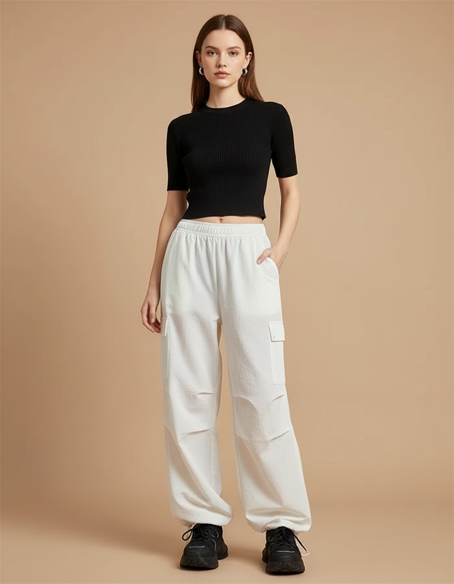 Pantalon Parachute Blanc Ample Cargo Décontracté Sportif - Molleton