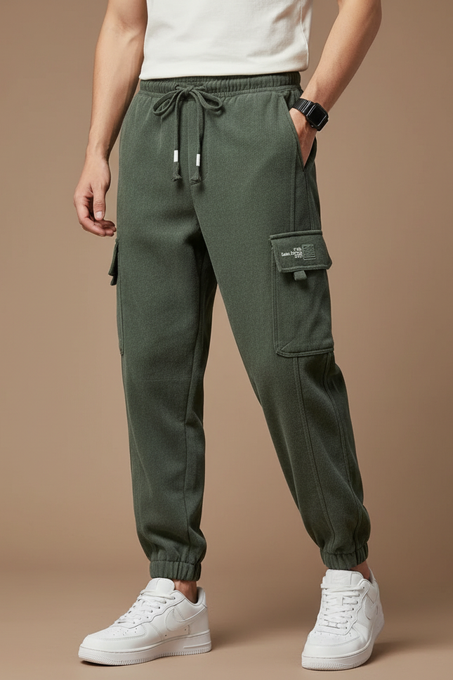 Pantalon Parachute Kaki Coton Cargo Cordon Jogging Homme - Molleton