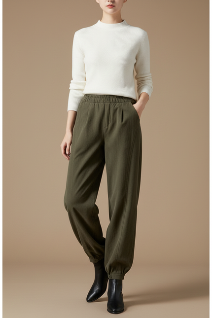 Pantalon Parachute Vert Ample Fluide Taille Élastique Femme - Kaki Viscose