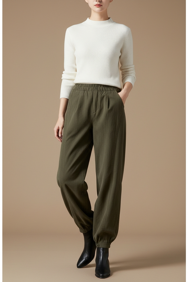 Pantalon Parachute Vert Ample Fluide Taille Élastique Femme - Kaki Viscose