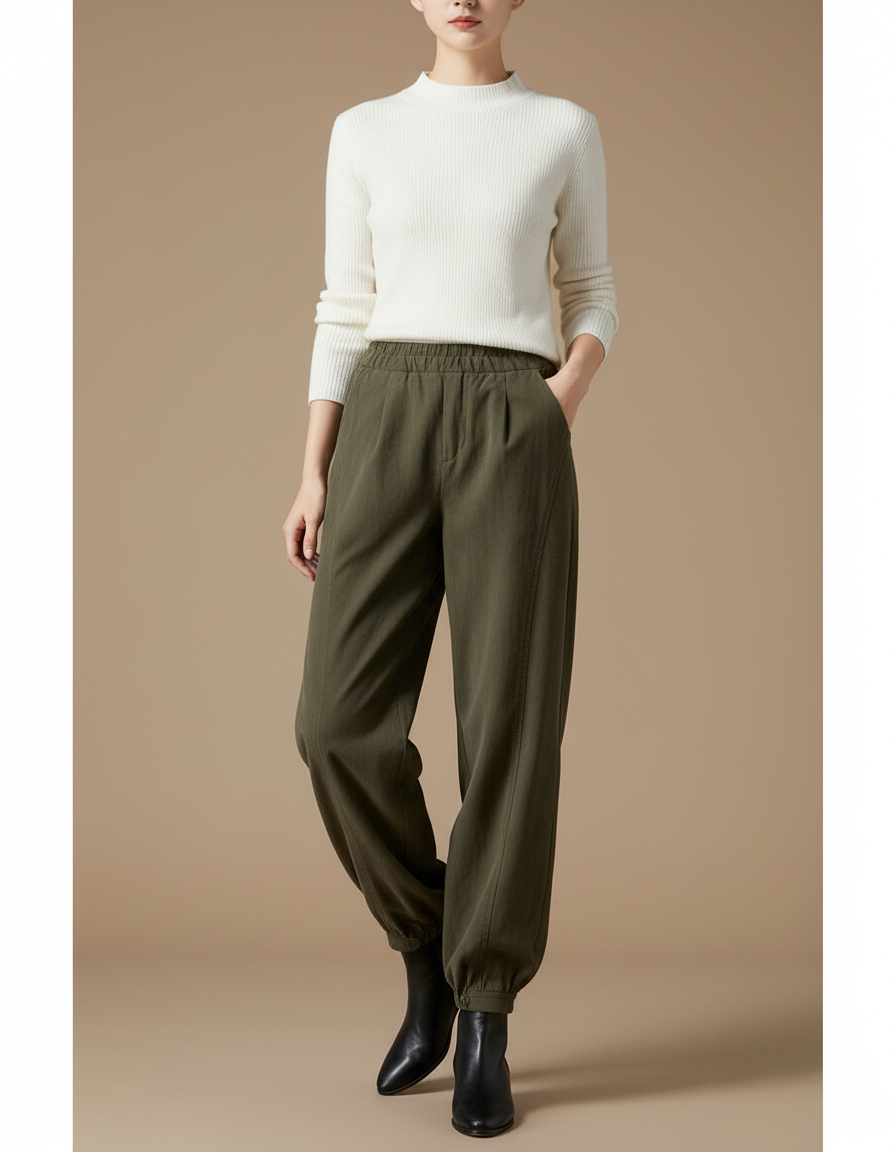 Pantalon Parachute Vert Ample Fluide Taille Élastique Femme - Kaki Viscose