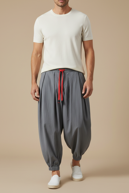 Pantalon Parachute Gris Ample Lin Décontracté Homme