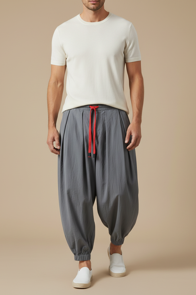 Pantalon Parachute Gris Ample Lin Décontracté Homme