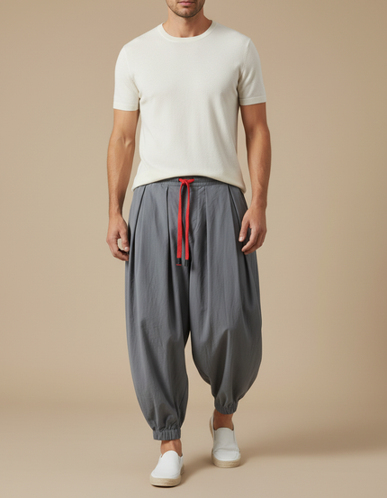 Pantalon Parachute Gris Ample Lin Décontracté Homme