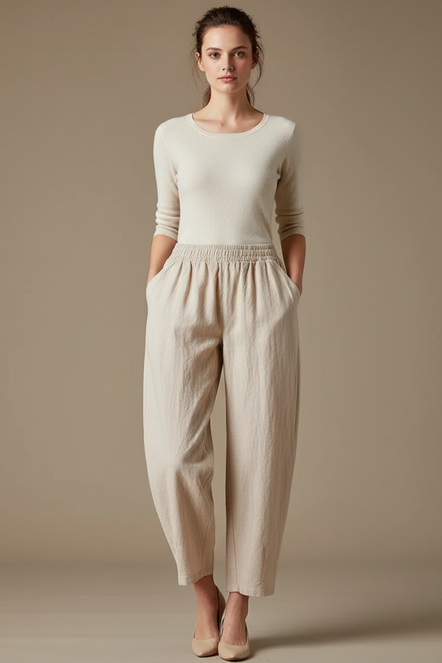 Pantalon Parachute Lin Beige Ample Taille Élastique Femme