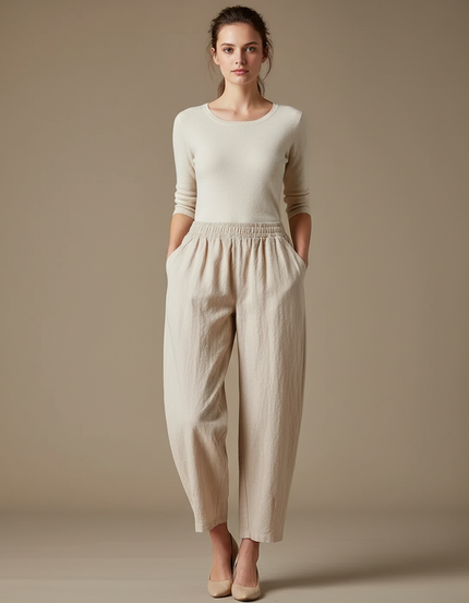Pantalon Parachute Lin Beige Ample Taille Élastique Femme