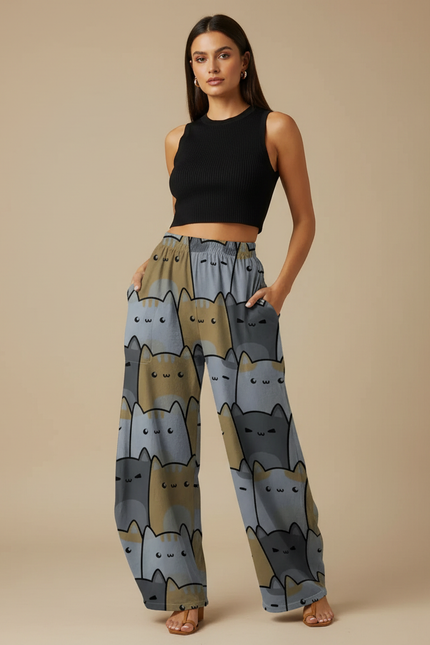 Pantalon Parachute Fluide Imprimé Chats Taille Élastique Femme - Polyester