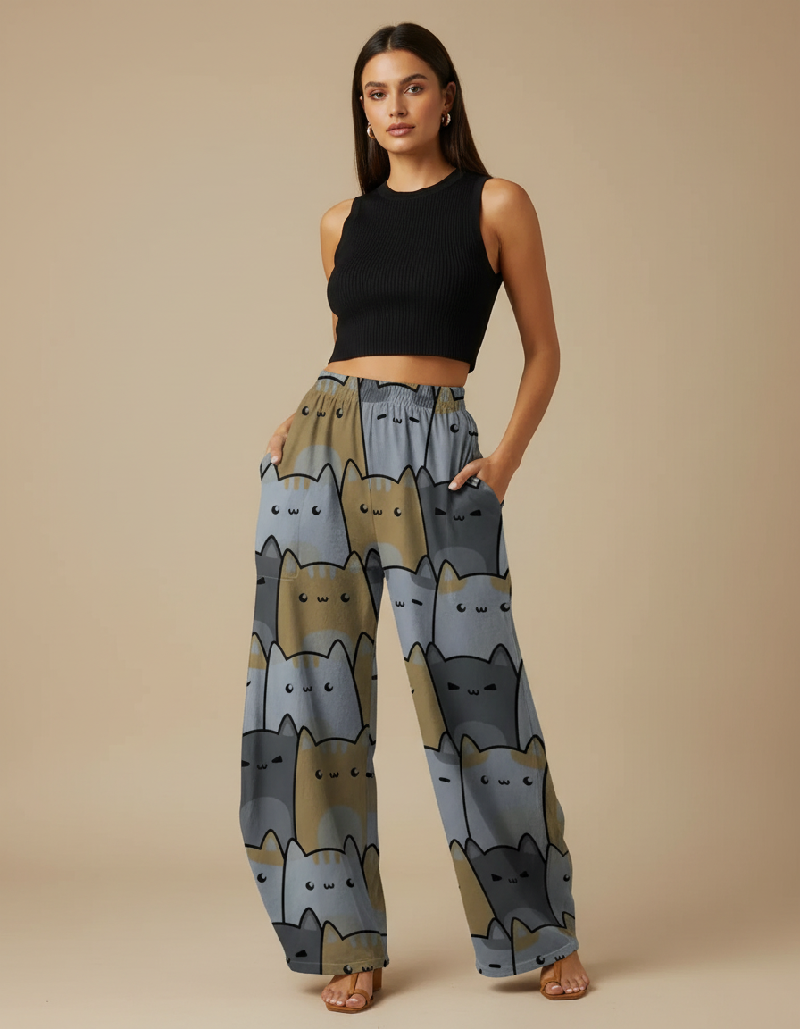 Pantalon Parachute Fluide Imprimé Chats Taille Élastique Femme - Polyester