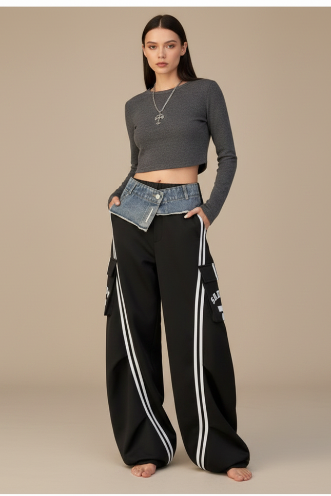 Pantalon Parachute Noir Ample Rayures Blanches Streetwear Y2K - Polyester