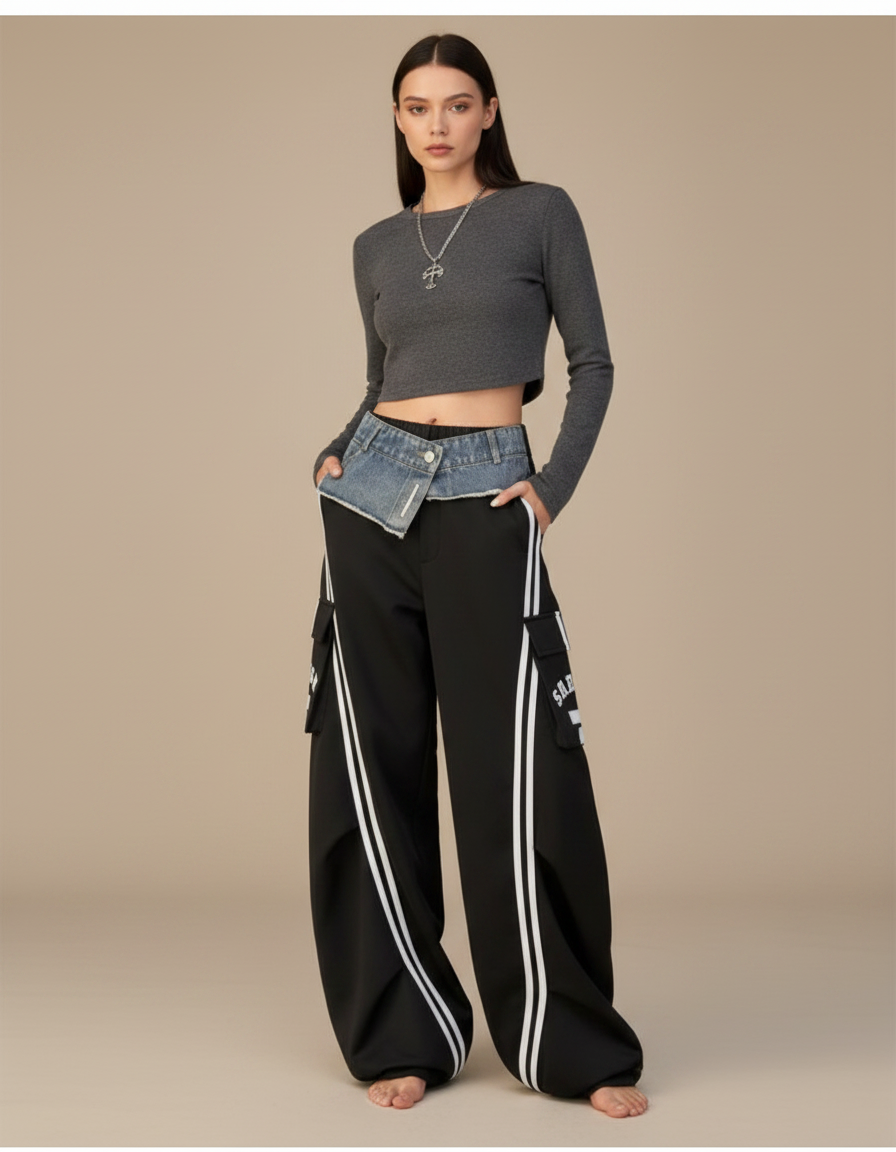 Pantalon Parachute Noir Ample Rayures Blanches Streetwear Y2K - Polyester