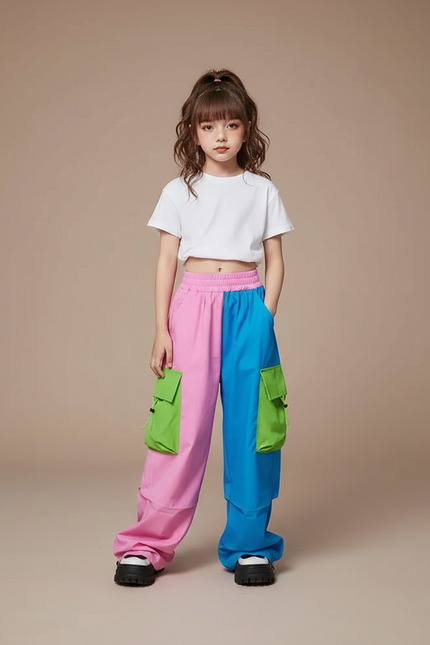 Pantalon Parachute Bicolore Cargo Ample Fille - Multicolore Polyester