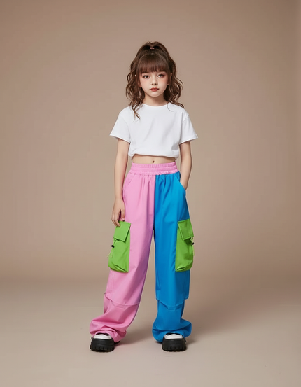 Pantalon Parachute Bicolore Cargo Ample Fille - Multicolore Polyester