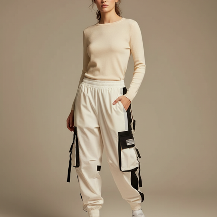 Pantalon Parachute Femme Cargo Bicolore Techwear Ample - Blanc Polyester