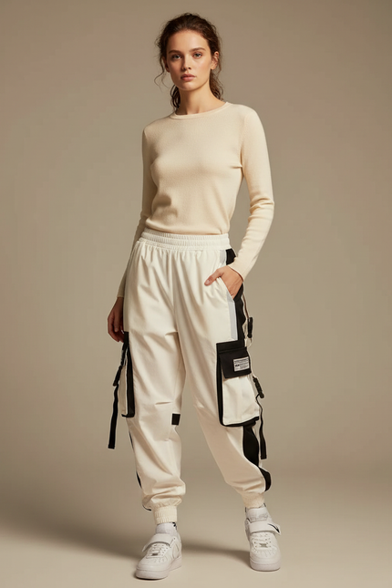 Pantalon Parachute Femme Cargo Bicolore Techwear Ample - Blanc Polyester