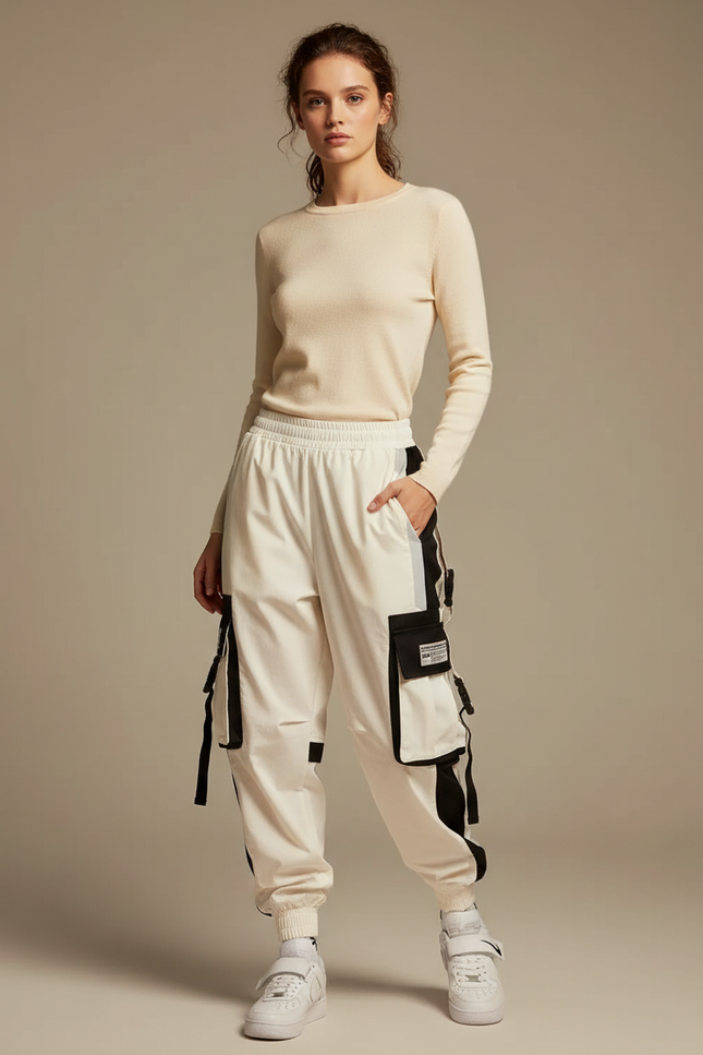 Pantalon Parachute Femme Cargo Bicolore Techwear Ample - Blanc Polyester