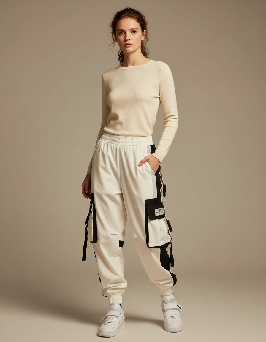 Pantalon Parachute Femme Cargo Bicolore Techwear Ample - Blanc Polyester
