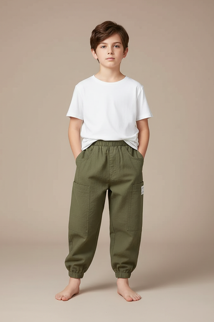 Pantalon Parachute Kaki Coton Ample Cargo Enfant