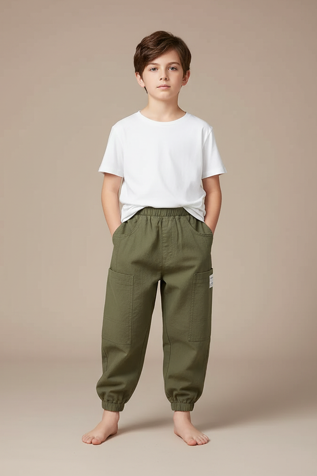 Pantalon Parachute Kaki Coton Ample Cargo Enfant