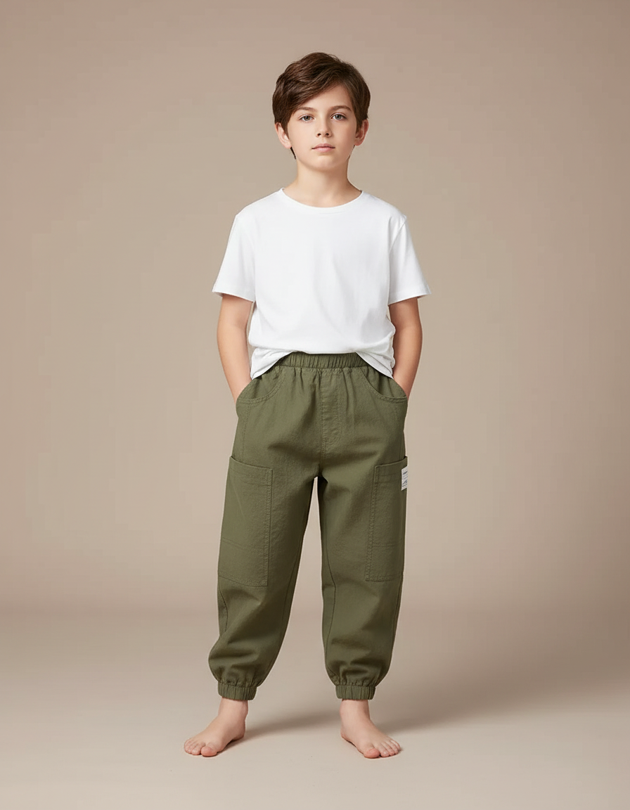 Pantalon Parachute Kaki Coton Ample Cargo Enfant