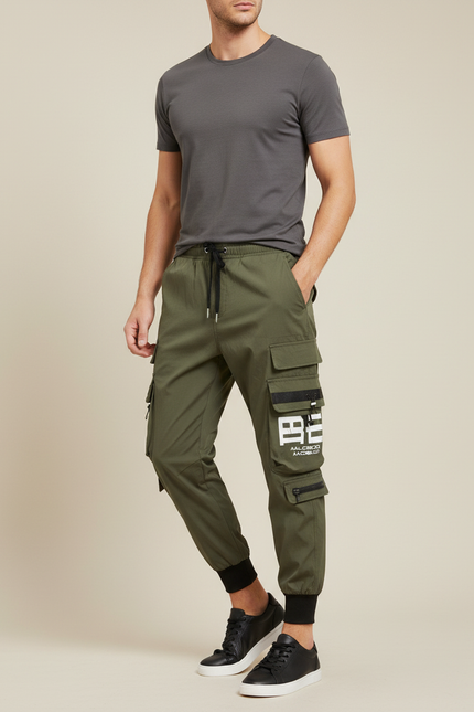 Pantalon Parachute Vert Kaki Cargo Imprimé Jogger Homme - Polyester
