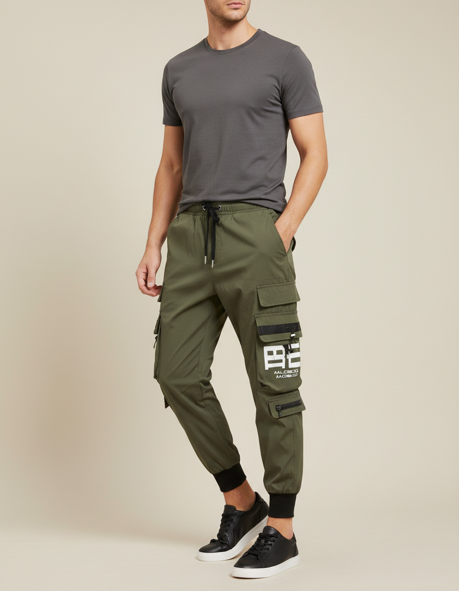 Pantalon Parachute Vert Kaki Cargo Imprimé Jogger Homme - Polyester