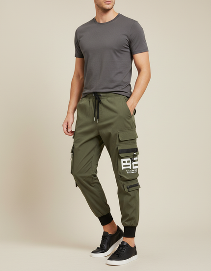 Pantalon Parachute Vert Kaki Cargo Imprimé Jogger Homme - Polyester