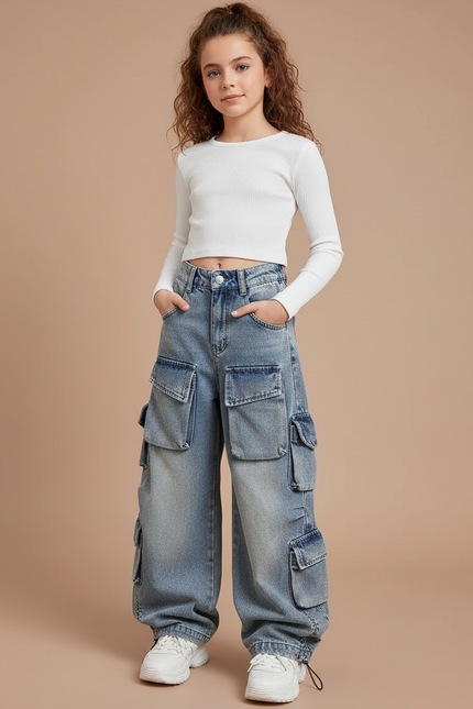 Pantalon Parachute Jean Ample Multi-Poches Fille Décontracté - Bleu