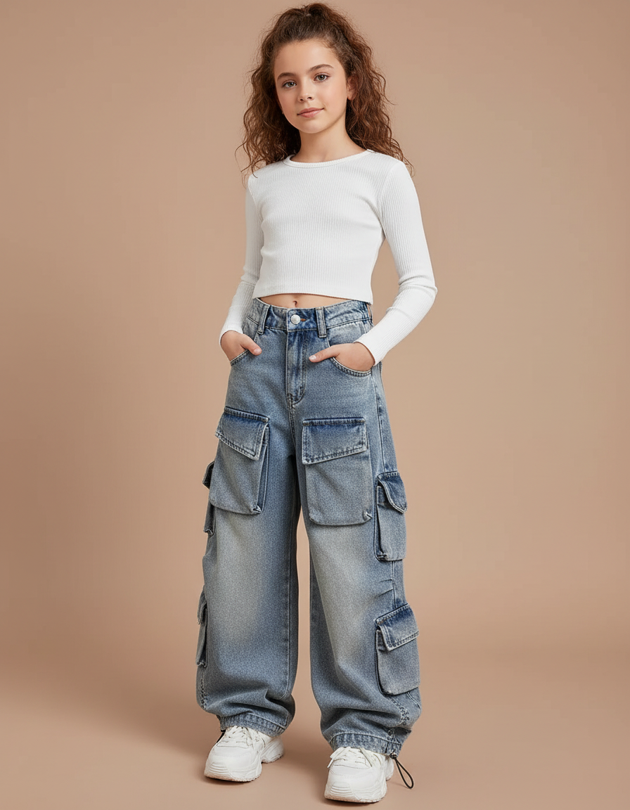 Pantalon Parachute Jean Ample Multi-Poches Fille Décontracté - Bleu