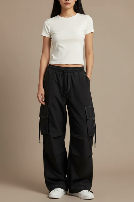 Pantalon Parachute Noir Cargo Ample Femme Décontracté - Polyester