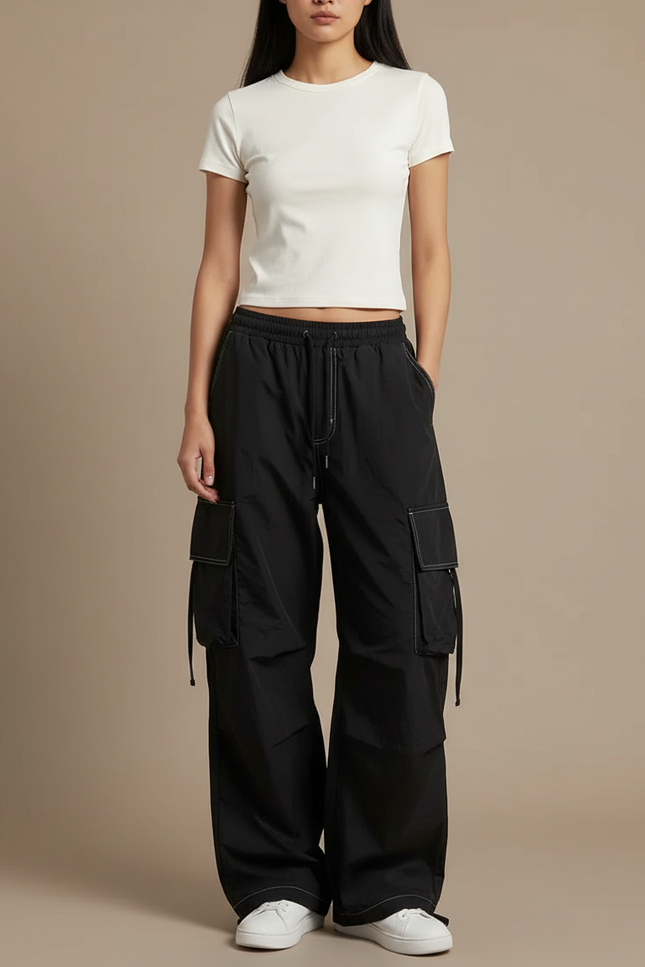 Pantalon Parachute Noir Cargo Ample Femme Décontracté - Polyester