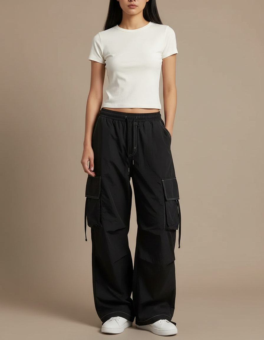 Pantalon Parachute Noir Cargo Ample Femme Décontracté - Polyester