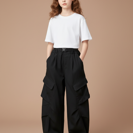 Pantalon Parachute Noir Ample Cargo Fille - Polyester
