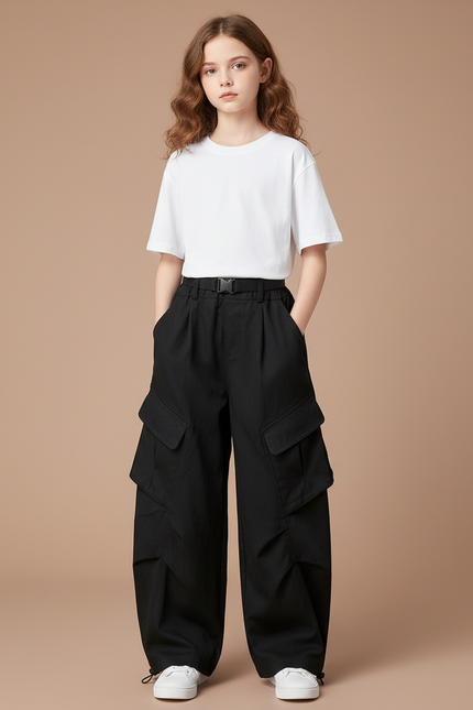 Pantalon Parachute Noir Ample Cargo Fille - Polyester
