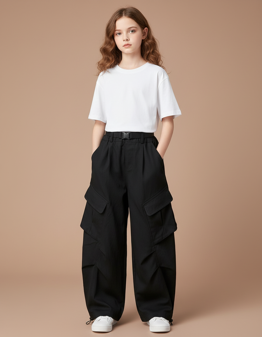 Pantalon Parachute Noir Ample Cargo Fille - Polyester